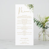 Groene Bloem Gouden Monogram Trouwdiner Menu (Staand voorkant)