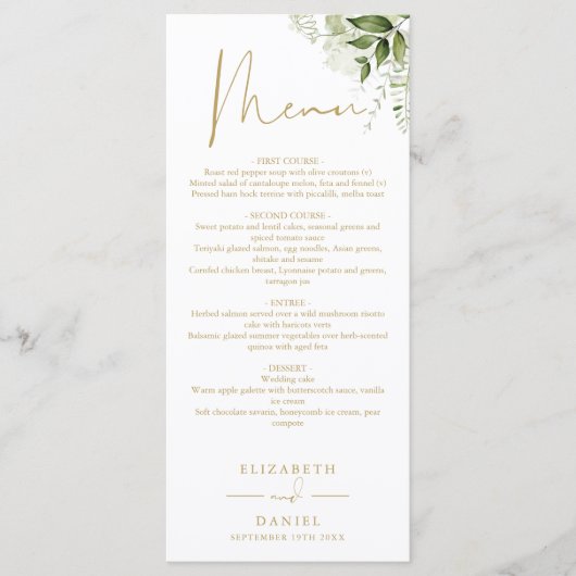 Groene Bloem Gouden Monogram Trouwdiner Menu (Voorkant)