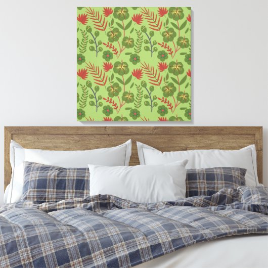Groene bloem, naadloos patroon, tak, blad canvas afdruk (Insitu (Slaapkamer))