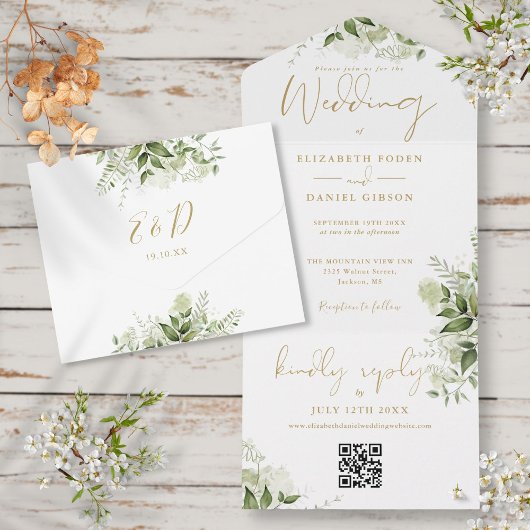 Groene Bloem QR Code Gouden Monogram Bruiloft All In One Uitnodiging