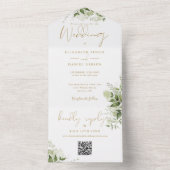 Groene Bloem QR Code Gouden Monogram Bruiloft All In One Uitnodiging (Binnen)
