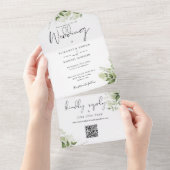Groene Bloem QR Code Monogram Huwelijk All In One Uitnodiging (Afscheurbaar)