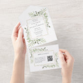 Groene Bloem QR Code Monogram Huwelijk All In One Uitnodiging (Afscheurbaar)