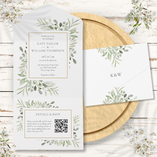 Groene Bloem QR Code Monogram Huwelijk All In One Uitnodiging