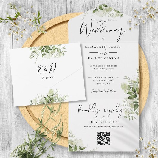 Groene Bloem QR Code Monogram Huwelijk All In One Uitnodiging