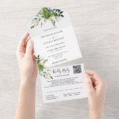 Groene Bloem QR Code Monogram Huwelijk All In One Uitnodiging (Afscheurbaar)