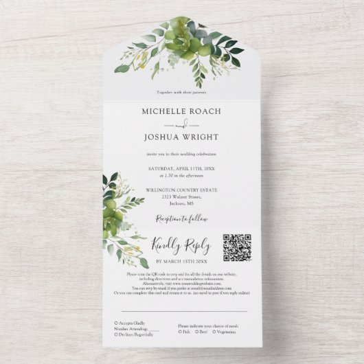 Groene Bloem QR Code Monogram Huwelijk All In One Uitnodiging (Binnen)