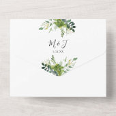 Groene Bloem QR Code Monogram Huwelijk All In One Uitnodiging (Achterkant)