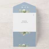 Groene Bloem QR Code Stof Blauw Bruiloft All In One Uitnodiging (Buitenkant)