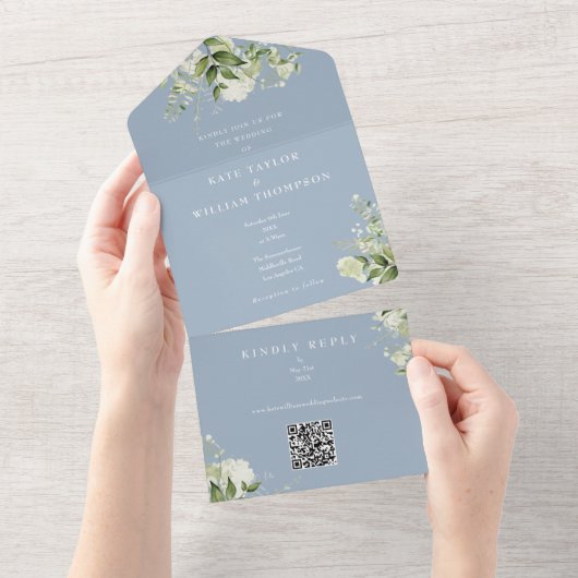Groene Bloem QR Code Stof Blauw Bruiloft All In One Uitnodiging (Afscheurbaar)
