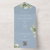 Groene Bloem QR Code Stof Blauw Bruiloft All In One Uitnodiging (Binnen)