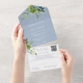 Groene Bloem QR Code Stof Blauw Huwelijk All In One Uitnodiging (Afscheurbaar)