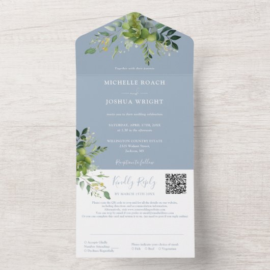 Groene Bloem QR Code Stof Blauw Huwelijk All In One Uitnodiging (Binnen)