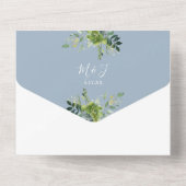 Groene Bloem QR Code Stof Blauw Huwelijk All In One Uitnodiging (Achterkant)