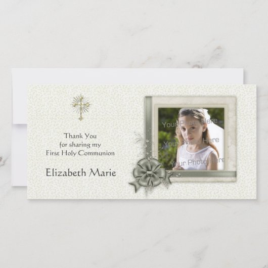 Groene bloem, Sierlijke lijst, Religieuze fotokaar Bedankkaart (Voorkant)