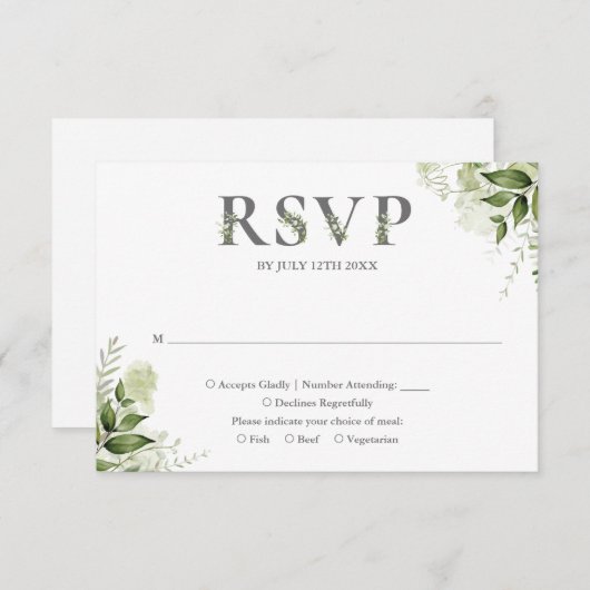 Groene Bloem Typografie Bruiloft RSVP Kaartje (Voorkant / Achterkant)