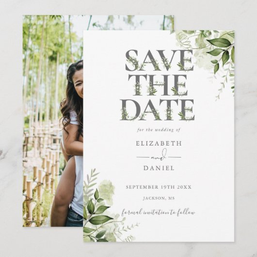 Groene Bloem Typografie Foto Bruiloft Save The Date (Voorkant / Achterkant)