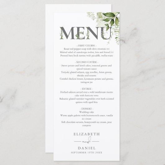 Groene Bloem Typografie Monogram Bruiloft Menu (Voorkant / Achterkant)