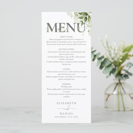 Groene Bloem Typografie Monogram Bruiloft Menu (Staand voorkant)