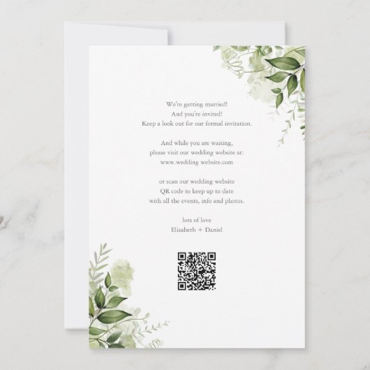 Groene Bloem Typografie QR Code Trouwkaart Save The Date (Achterkant)
