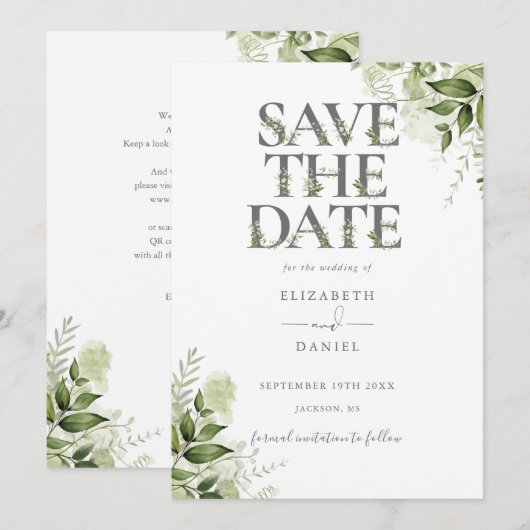 Groene Bloem Typografie QR Code Trouwkaart Save The Date (Voorkant / Achterkant)
