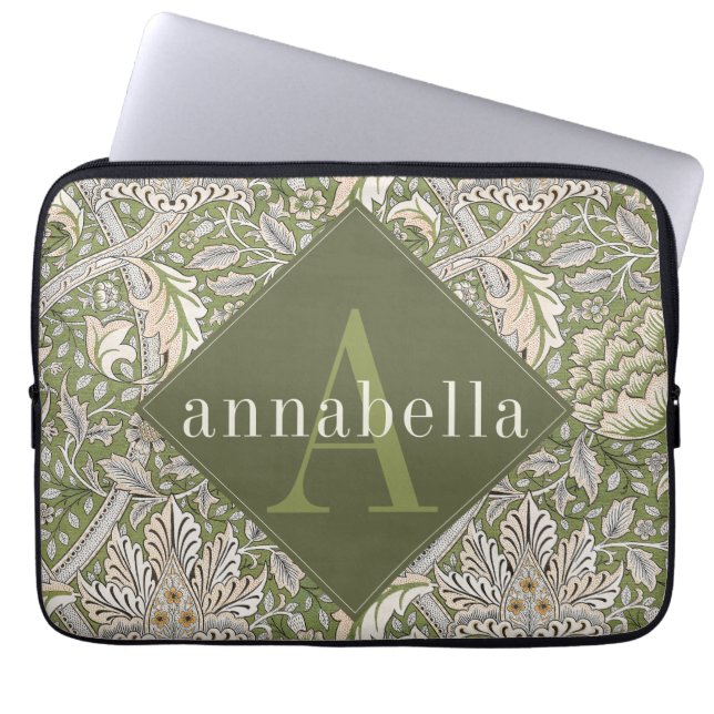  groene bloem William Morris Monogram Laptop Sleeve (Voorkant)