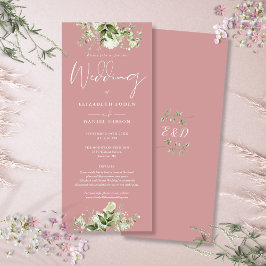 Groene Bloemdetails Stof Roze Trouwfeest Kaart