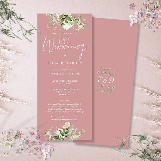 Groene Bloemdetails Stof Roze Trouwfeest Kaart