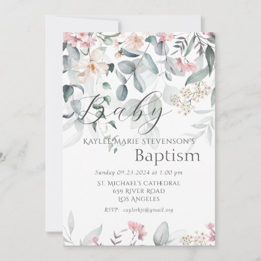 Groene Bloemen Baby Doop Kaart (Voorkant)