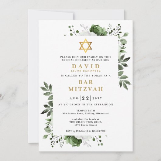 Groene Bloemen Botanische Bar Mitzvah Bat Mitzvah Kaart (Voorkant)