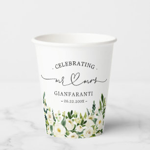 Groene Bloemen Bruid en Bruidegom Hart Script Trou Papieren Bekers