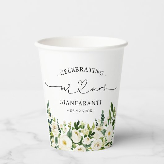 Groene Bloemen Bruid en Bruidegom Hart Script Trou Papieren Bekers (Voorkant)