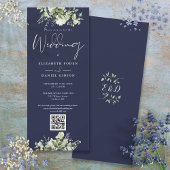 Groene bloemen bruiloft Navyblauw QR-code Kaart