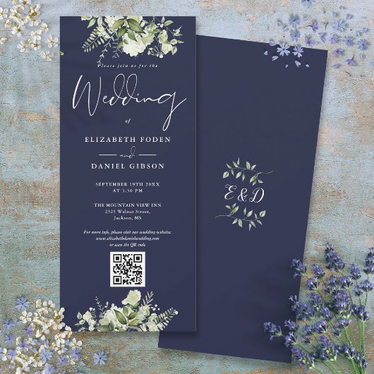 Groene bloemen bruiloft Navyblauw QR-code Kaart