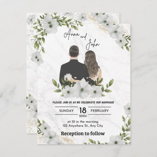 Groene bloemen Bruiloft uitnodiging (Voorkant / Achterkant)
