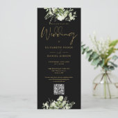 Groene Bloemen Bruiloft Zwart en Goud QR Code Kaart (Staand voorkant)