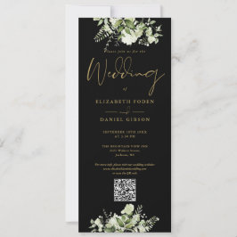 Groene Bloemen Bruiloft Zwart en Goud QR Code Kaart