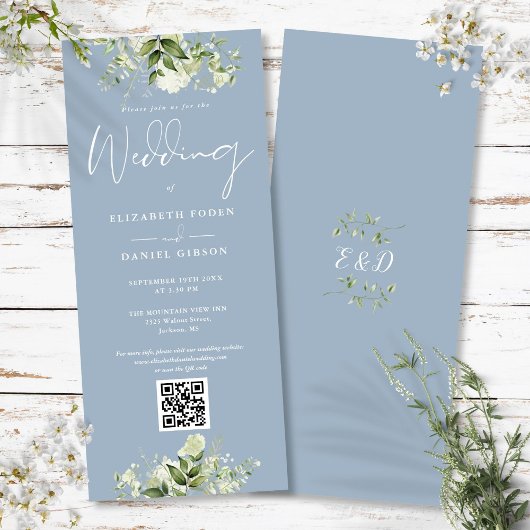 Groene Bloemen Bruinblauwe QR Code Huwelijk Kaart