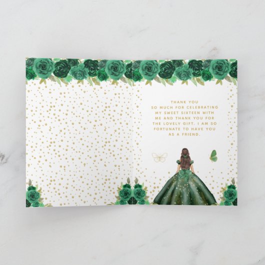 Groene Bloemen Brunette Haar Meisje Zoet Zestien Bedankkaart (Binnen)