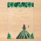 Groene Bloemen Brunette Haar Prinses Verjaardagsfe Acryl Uitnodigingen (Voorkant)
