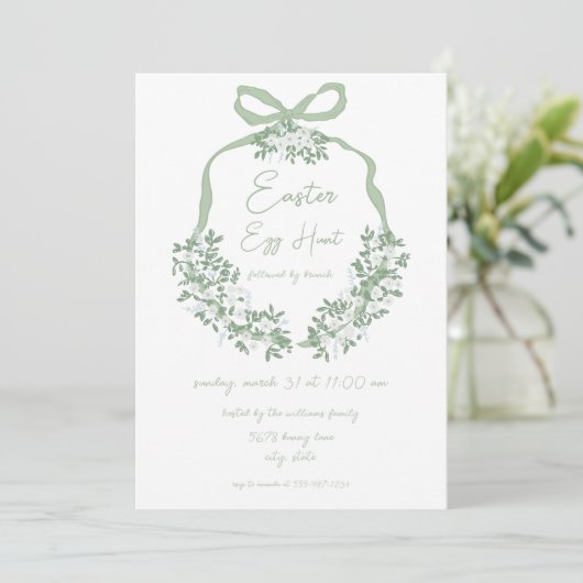 Groene Bloemen Crest Pasen Ei Hunt & Brunch Uitnod Kaart (Staand voorkant)
