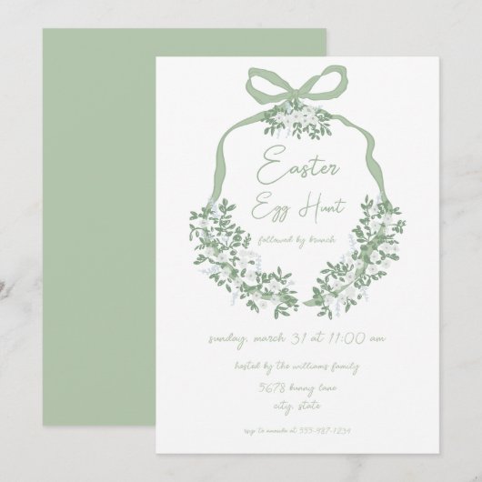 Groene Bloemen Crest Pasen Ei Hunt & Brunch Uitnod Kaart (Voorkant / Achterkant)