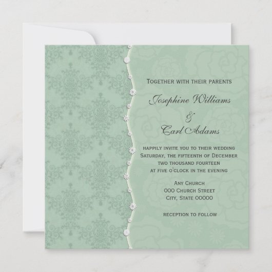Groene Bloemen Damask Vintage Wedding Invites Kaart (Voorkant)