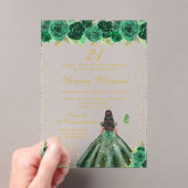 Groene Bloemen Donkere Huid Prinses Verjaardagsfee Acryl Uitnodigingen (Insitu (Draagbaar))