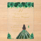 Groene Bloemen Donkere Huid Prinses Verjaardagsfee Acryl Uitnodigingen (Voorkant)