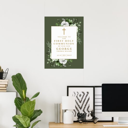 Groene Bloemen Eerste Heilige Communie Welkom Teke Poster (Thuiskantoor)