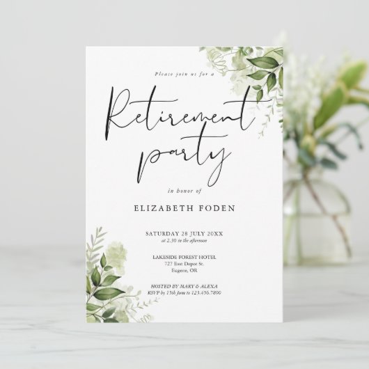 Groene Bloemen Elegant Script Pensioenfeest Kaart (Staand voorkant)