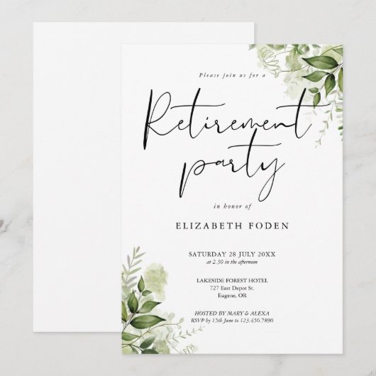 Groene Bloemen Elegant Script Pensioenfeest Kaart (Voorkant / Achterkant)