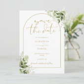 Groene Bloemen Elegante Gouden Boog Foto Bruiloft Save The Date (Staand voorkant)
