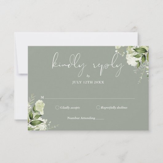 Groene Bloemen Elegante Saliegroen Huwelijk RSVP Kaartje (Voorkant)
